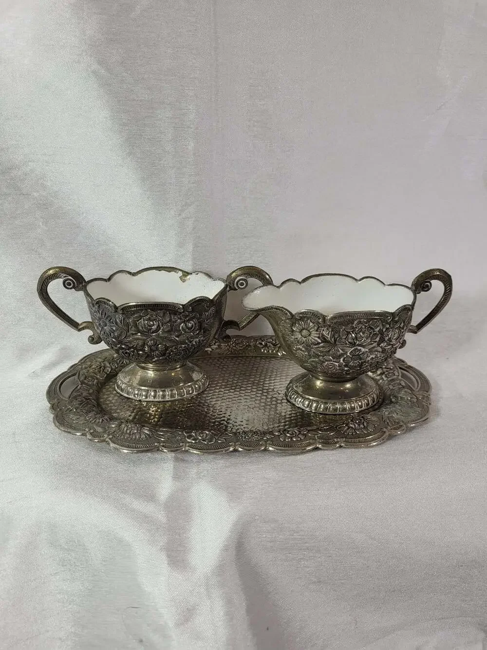 Vintage Silver Plated Floral Repousse Sugar Bowl and Creamer Set with Serving Tr